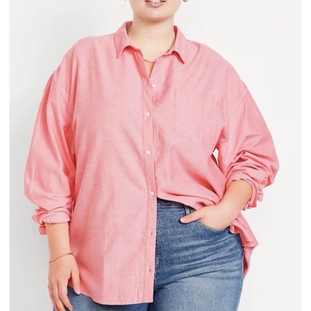 Old Navy Shirt Oversize Coral Button Down Boyfriend Cotton Preppy XXL Tall NWT